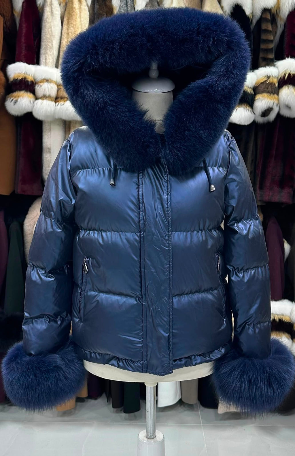Puffer jakna s krznenom kapuljačom – Teget – original