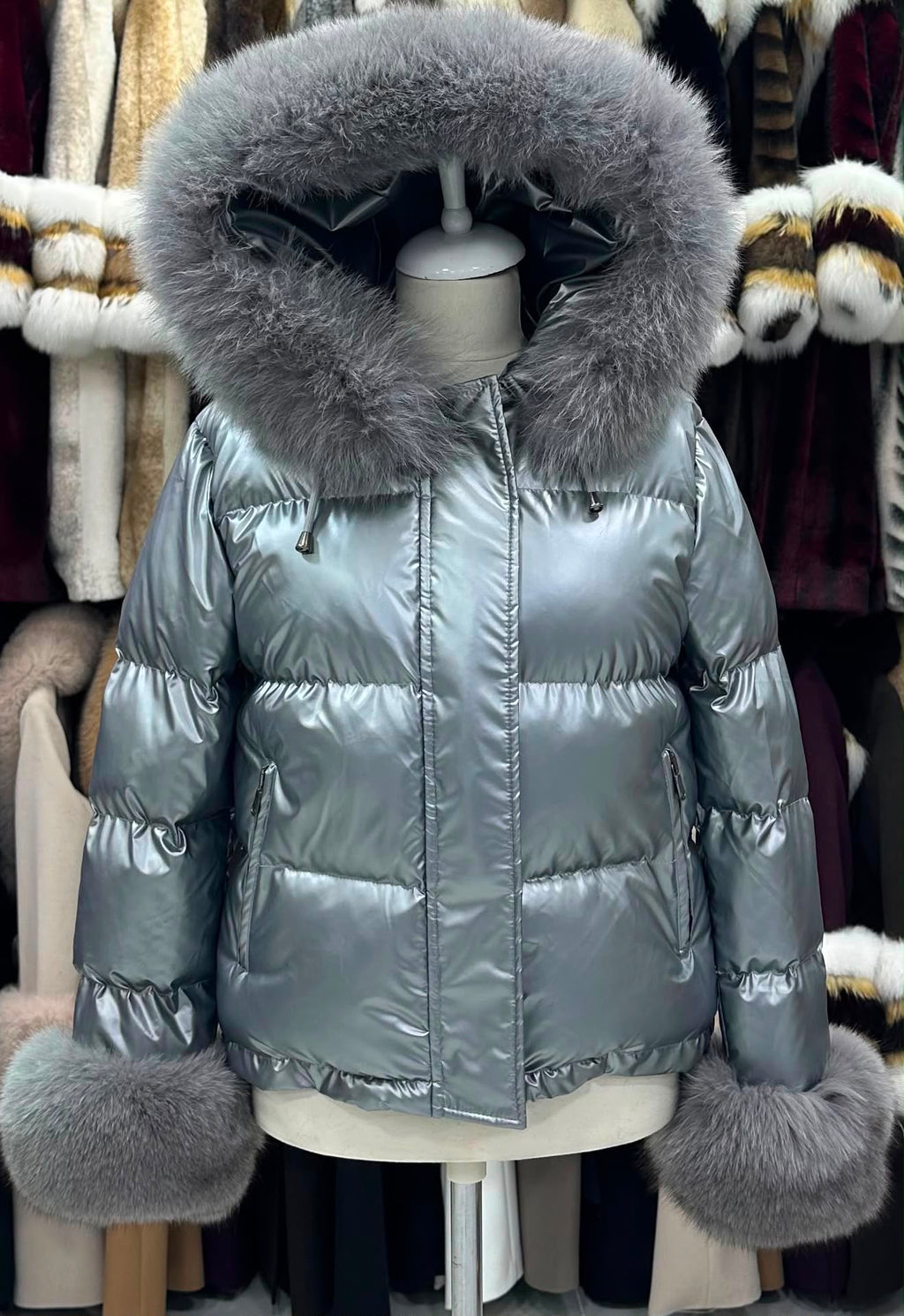 Puffer jakna s krznenom kapuljačom – Srebrna – original