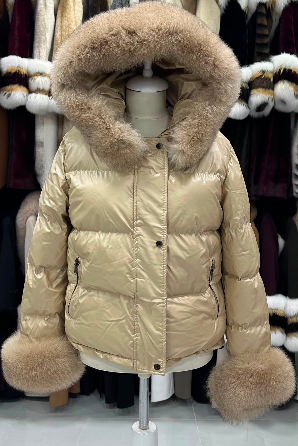 Puffer jakna s krznenom kapuljačom – Bež – original