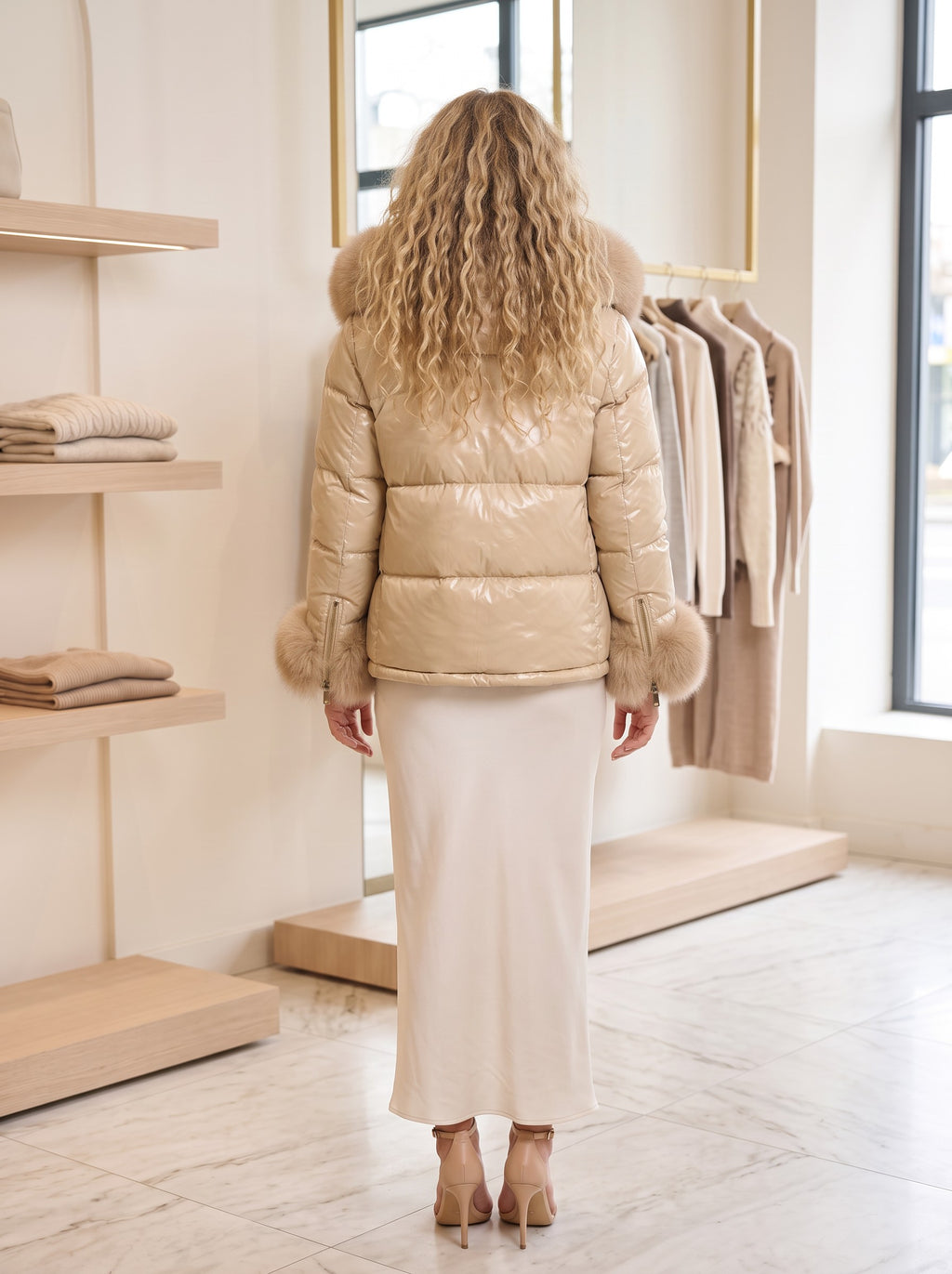 Puffer jakna s krznenom kapuljačom – Bež – pozadi