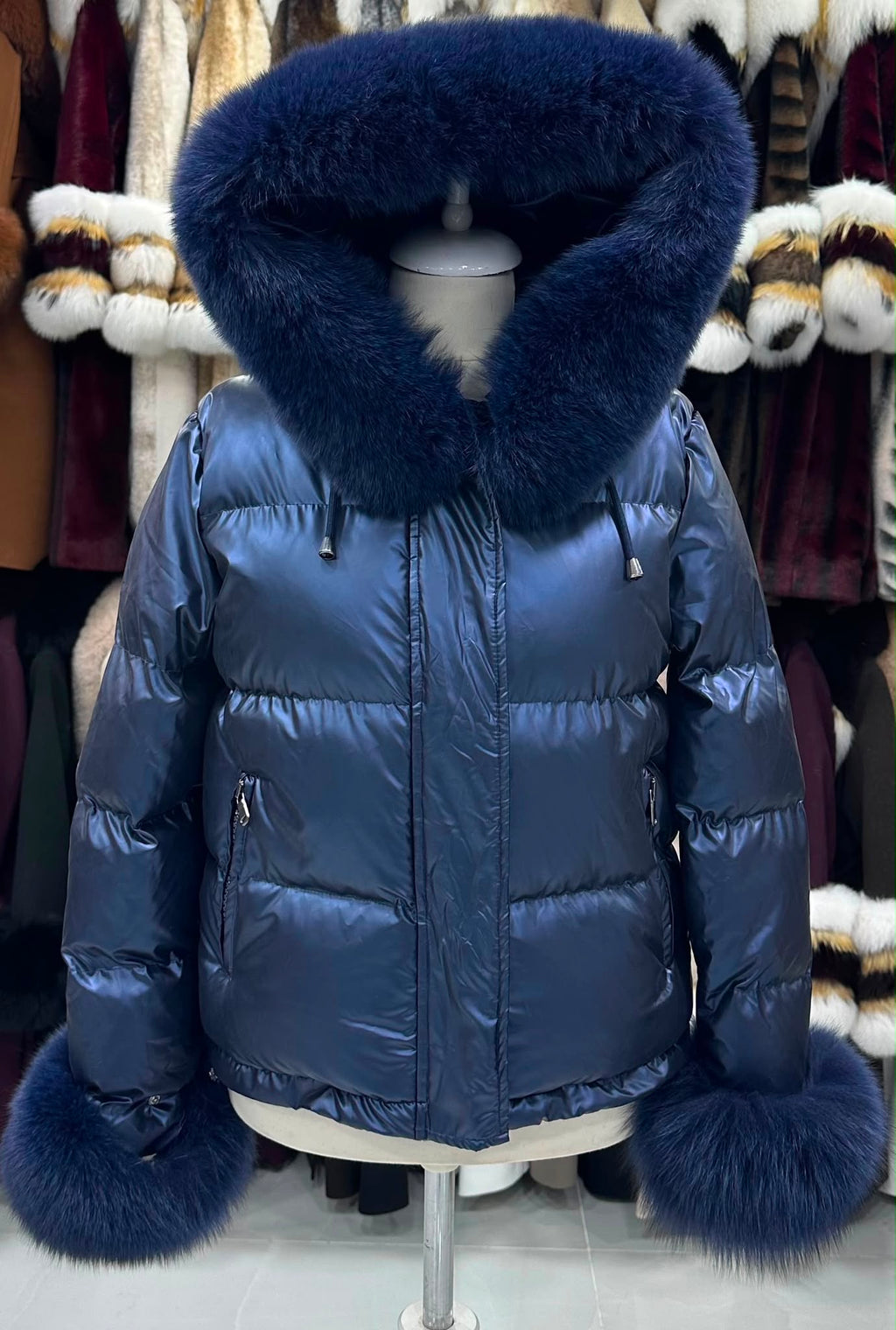 Puffer jakna s krznenom kapuljačom – Plava – original