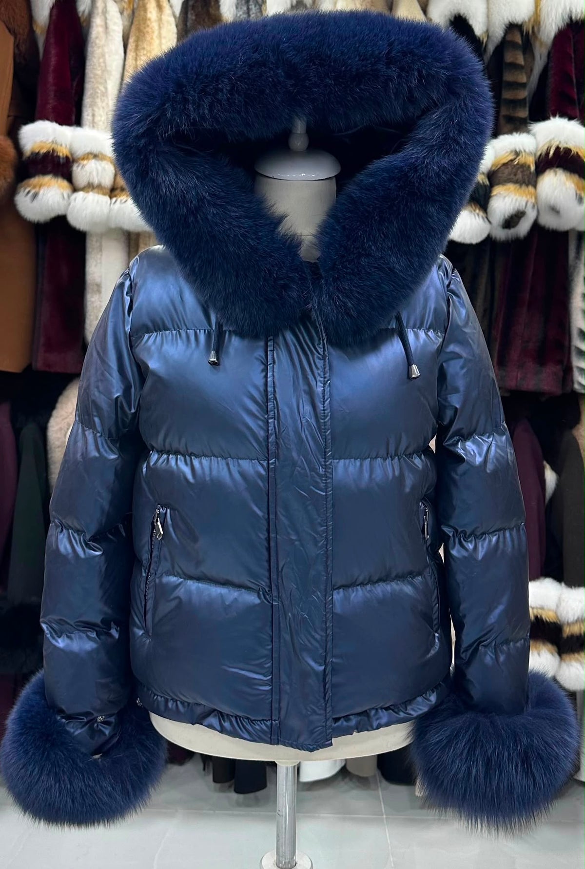 Puffer jakna s krznenom kapuljačom – Plava – original