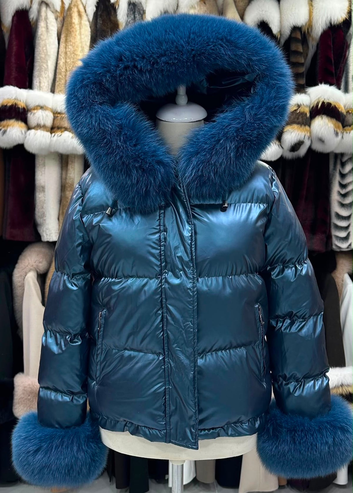 Puffer jakna s krznenom kapuljačom – Petrol – original