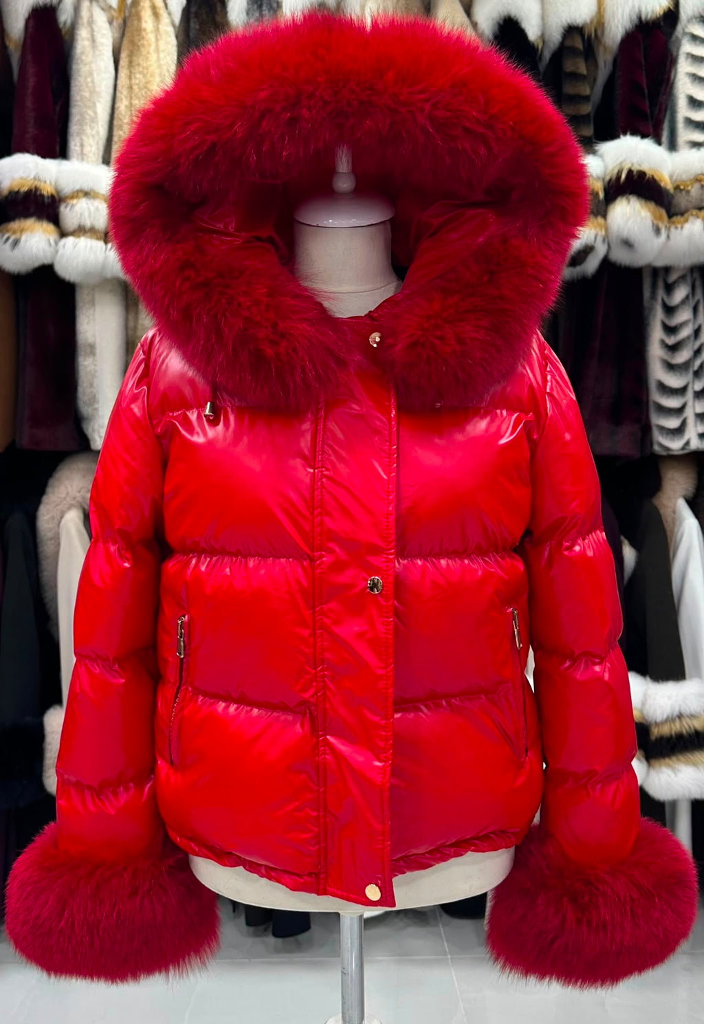 Puffer jakna s krznenom kapuljačom – Crvena – original