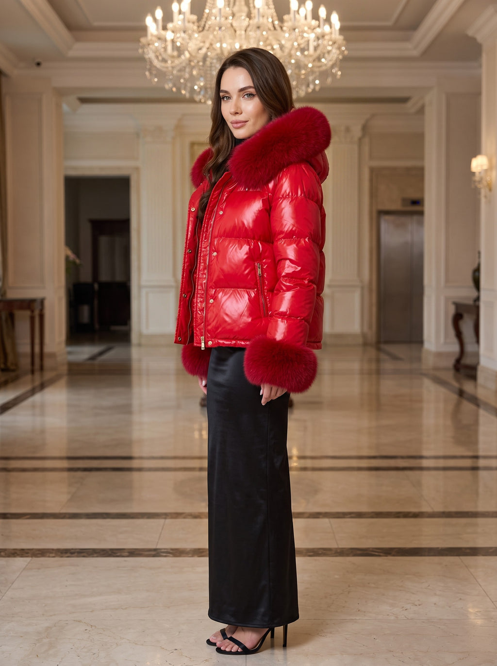 Puffer jakna s krznenom kapuljačom – Crvena – sa strane