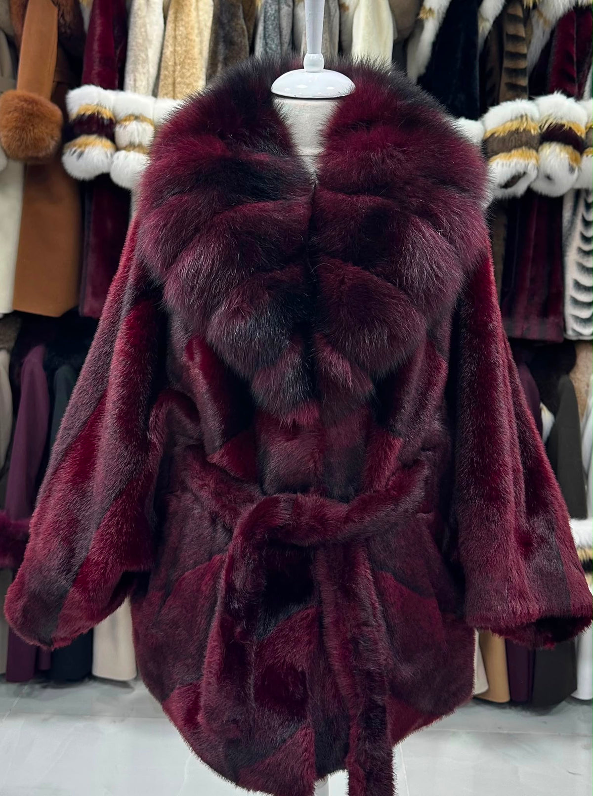 Kimono krzneni kaput s kragnom – Bordo – original
