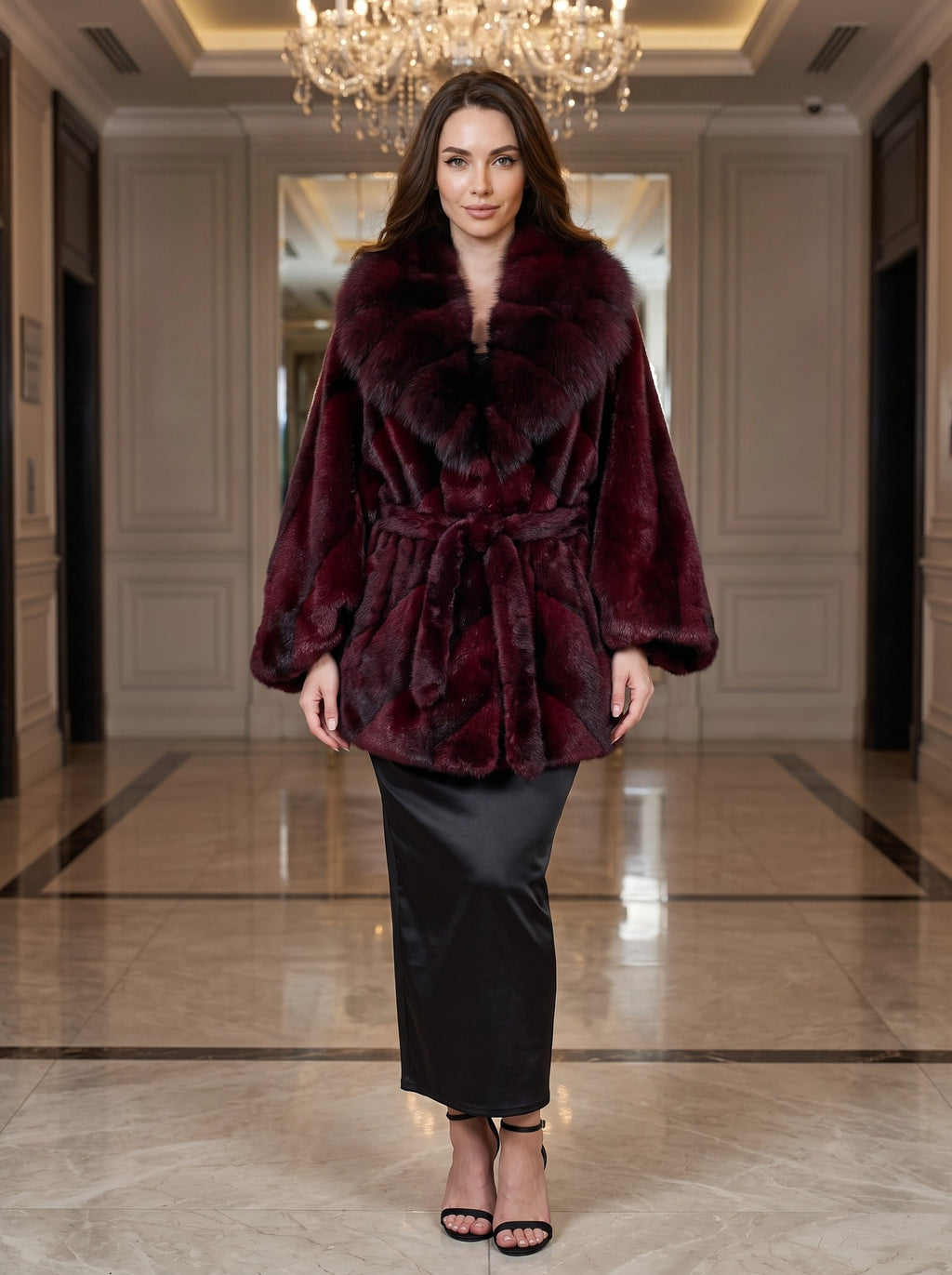 Kimono krzneni kaput s kragnom – Bordo – sprijeda