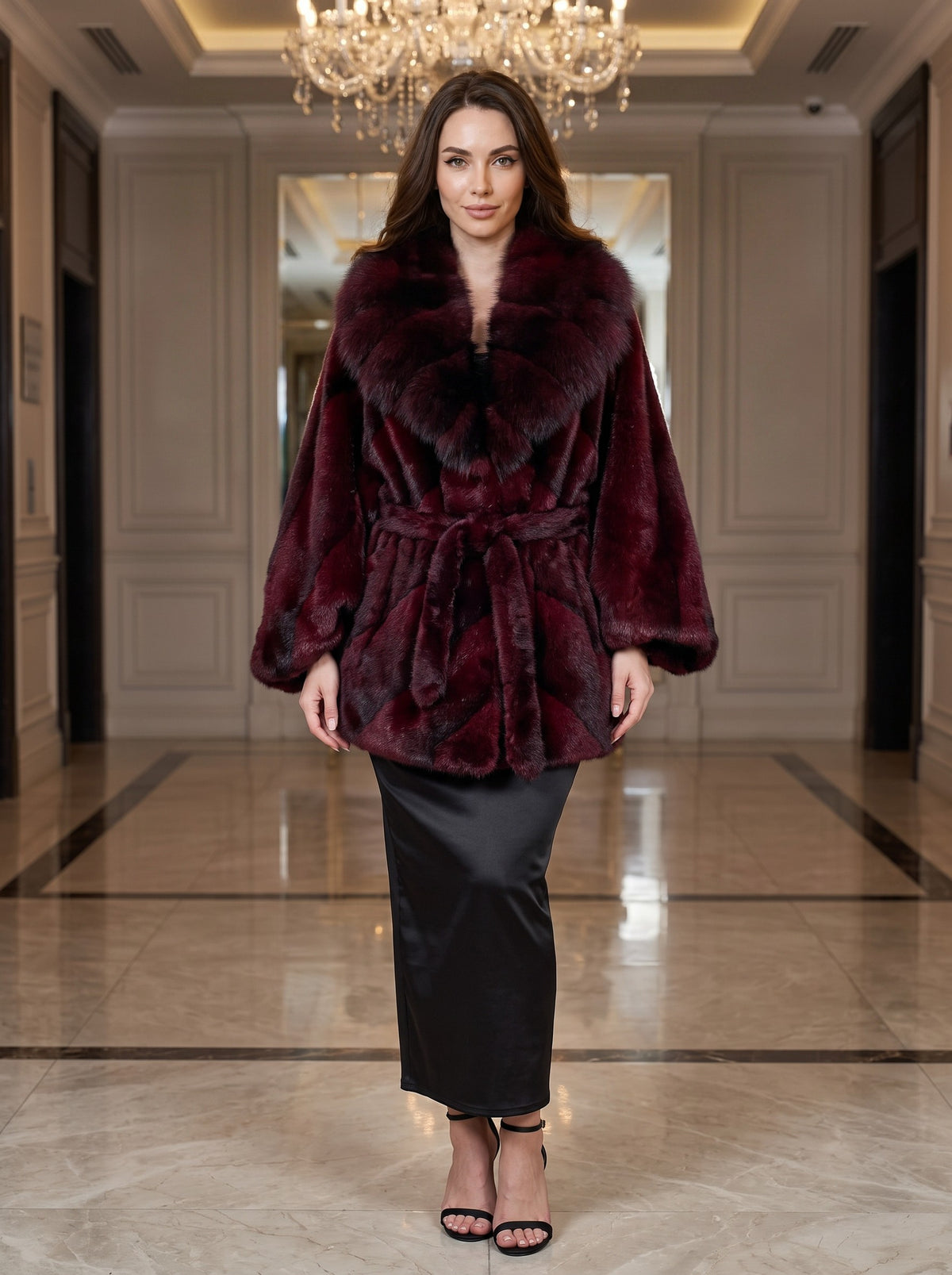 Kimono krzneni kaput s kragnom – Bordo – sprijeda
