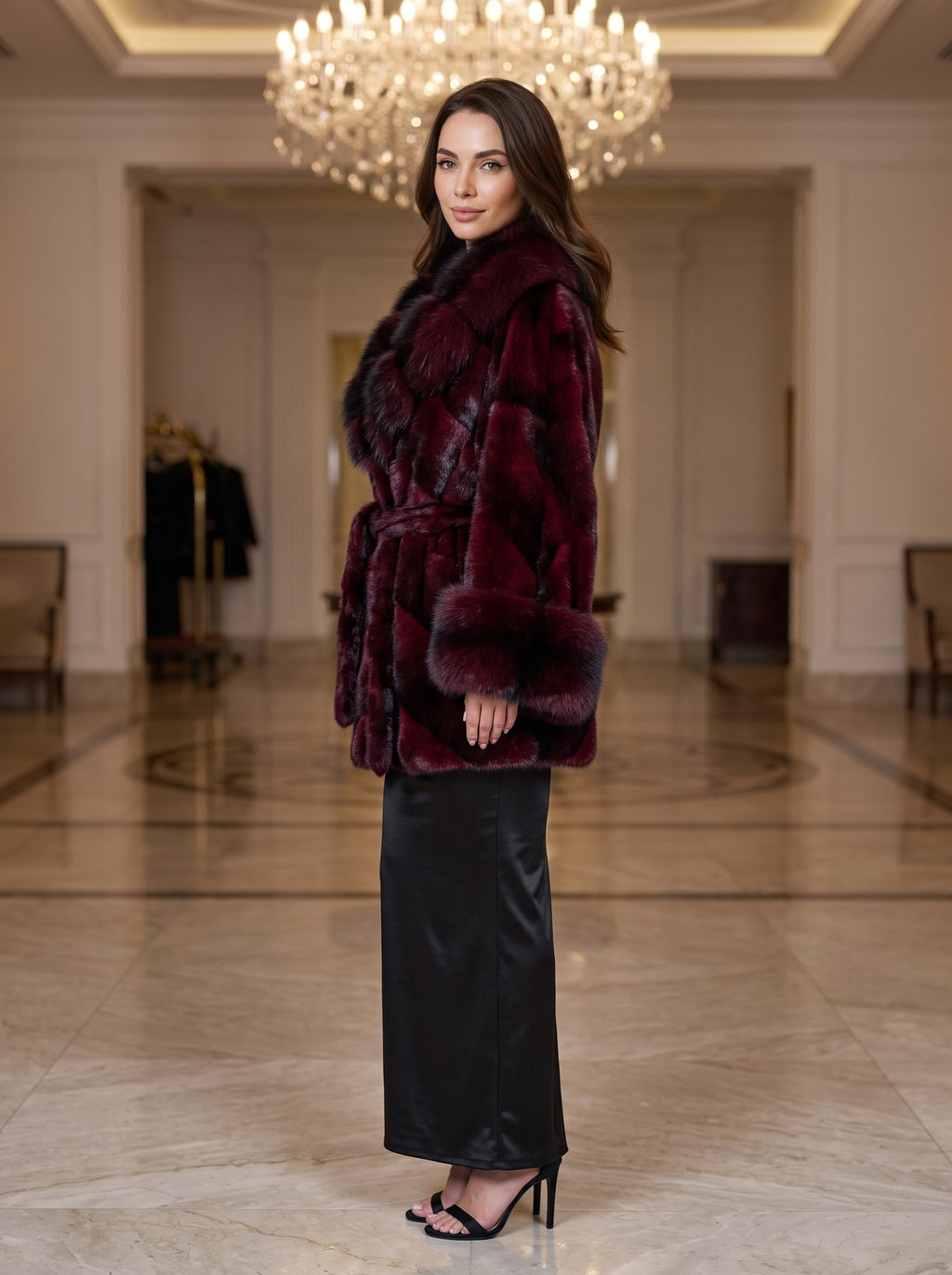 Kimono krzneni kaput s kragnom – Bordo – sa strane
