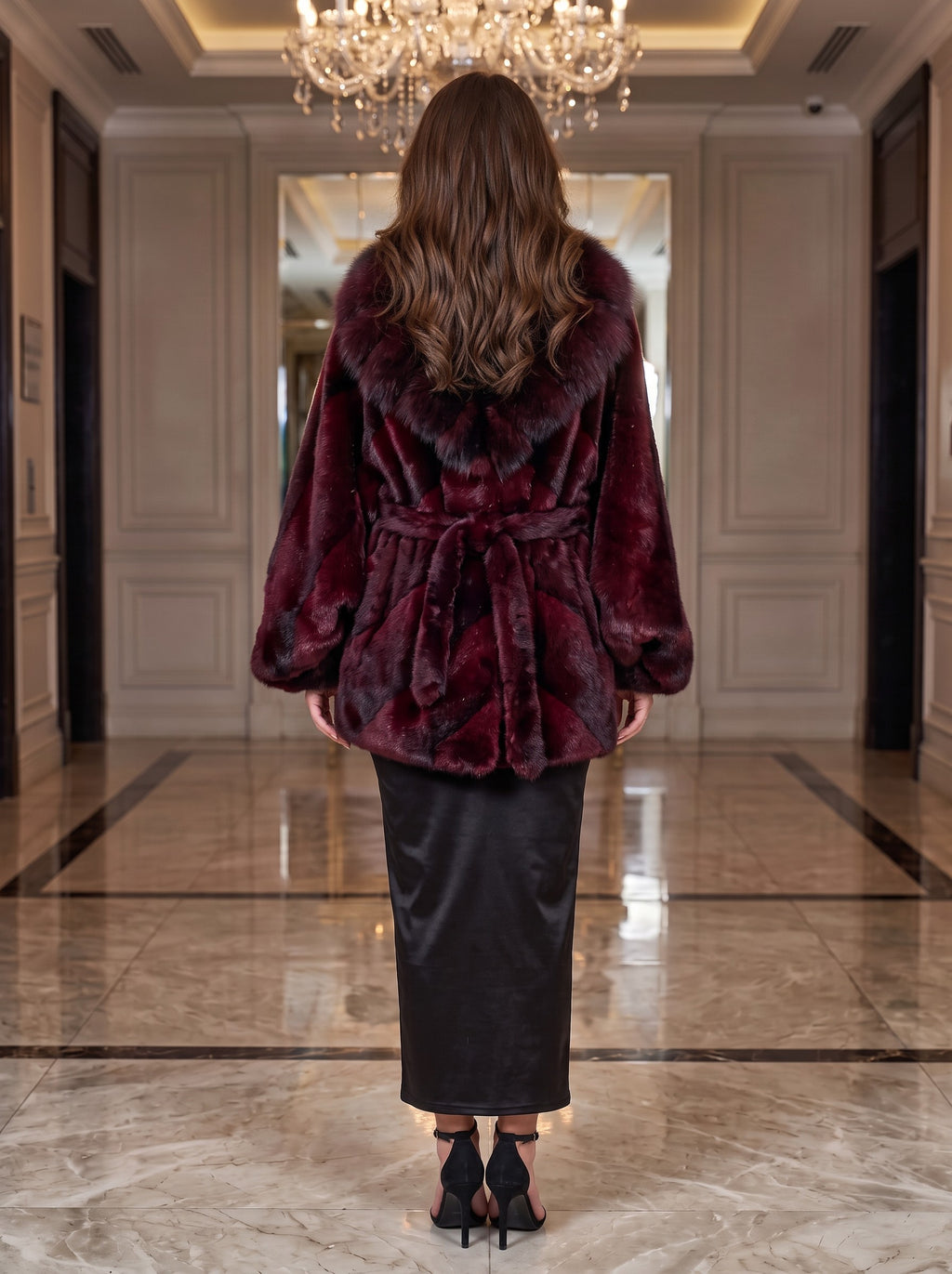 Kimono krzneni kaput s kragnom – Bordo – pozadi