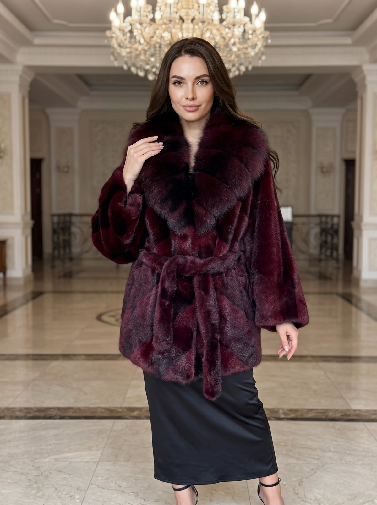 Kimono krzneni kaput s kragnom – Bordo – detalj