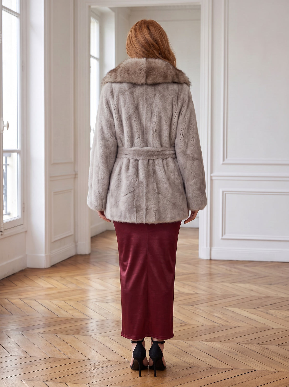 Kimono krzneni kaput s kragnom – Siva – pozadi