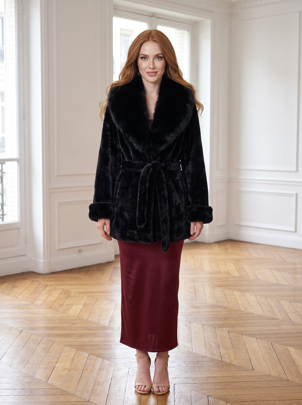 Kimono krzneni kaput s kragnom – Crna – sprijeda