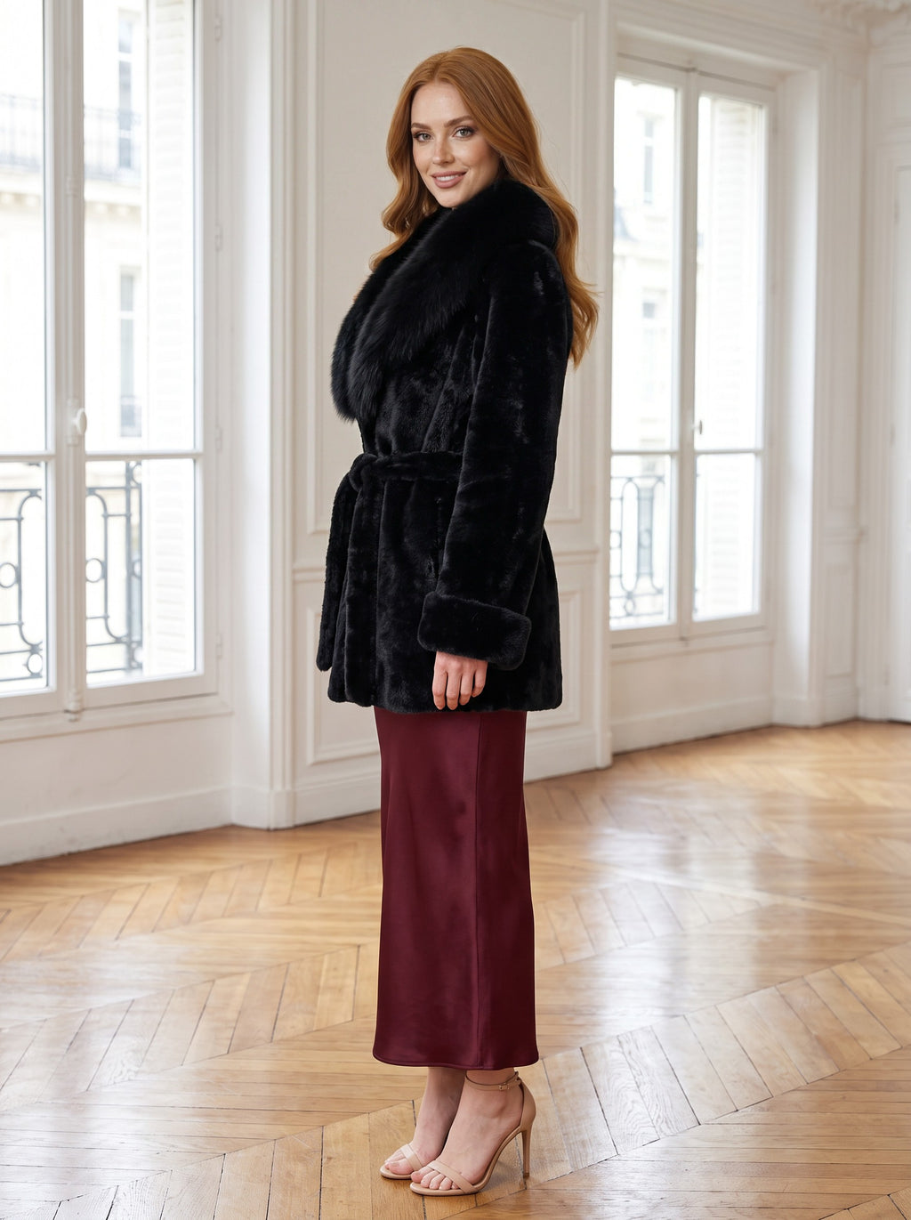 Kimono krzneni kaput s kragnom – Crna – sa strane
