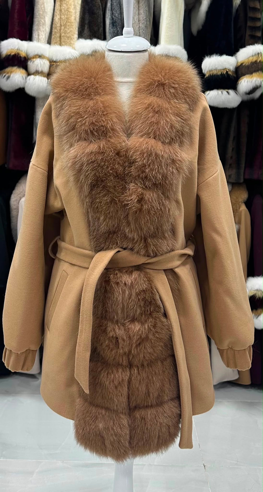 Vuneni kimono kaput s krznom – Karamel – original