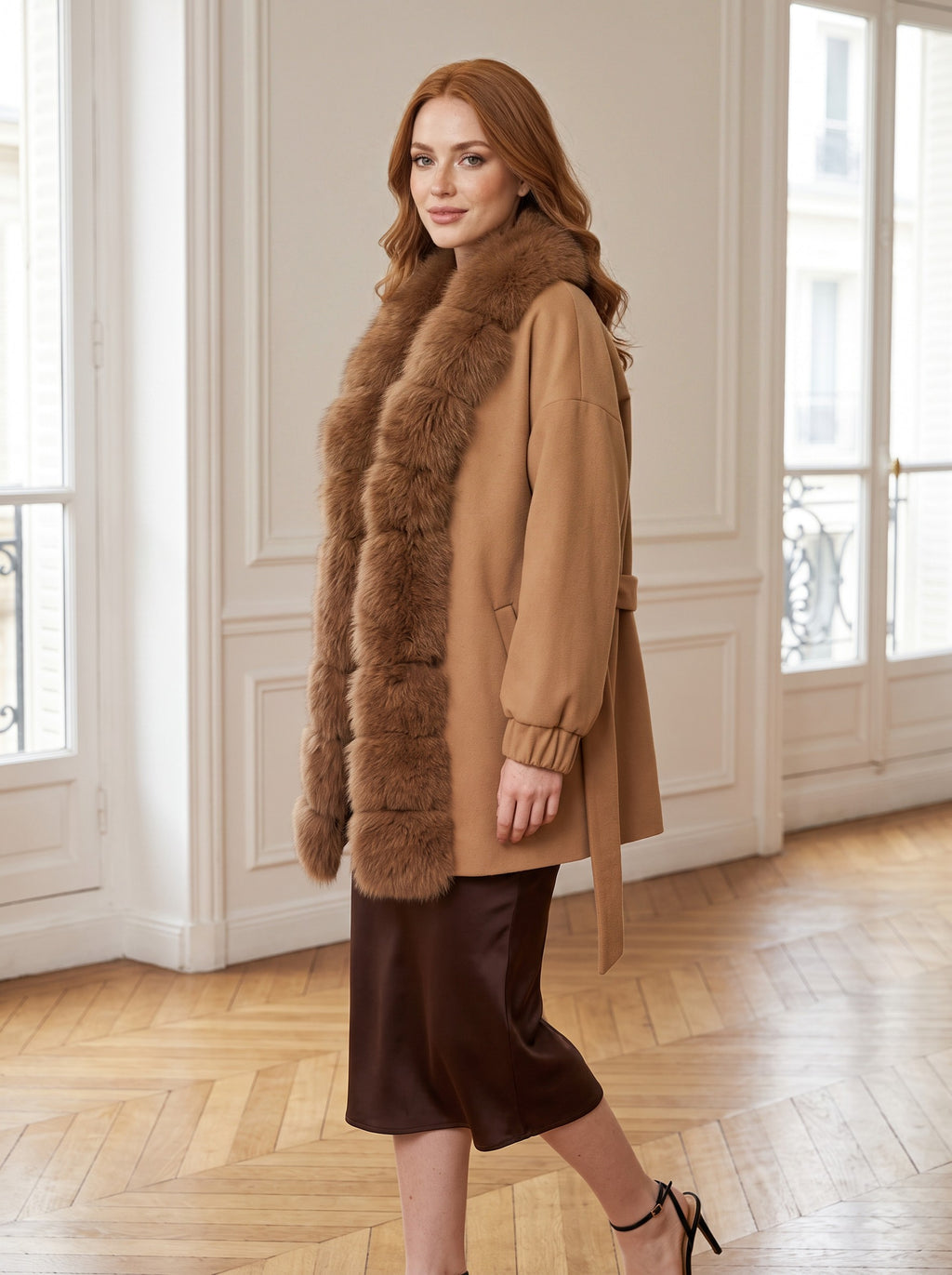 Vuneni kimono kaput s krznom – Karamel – sa strane