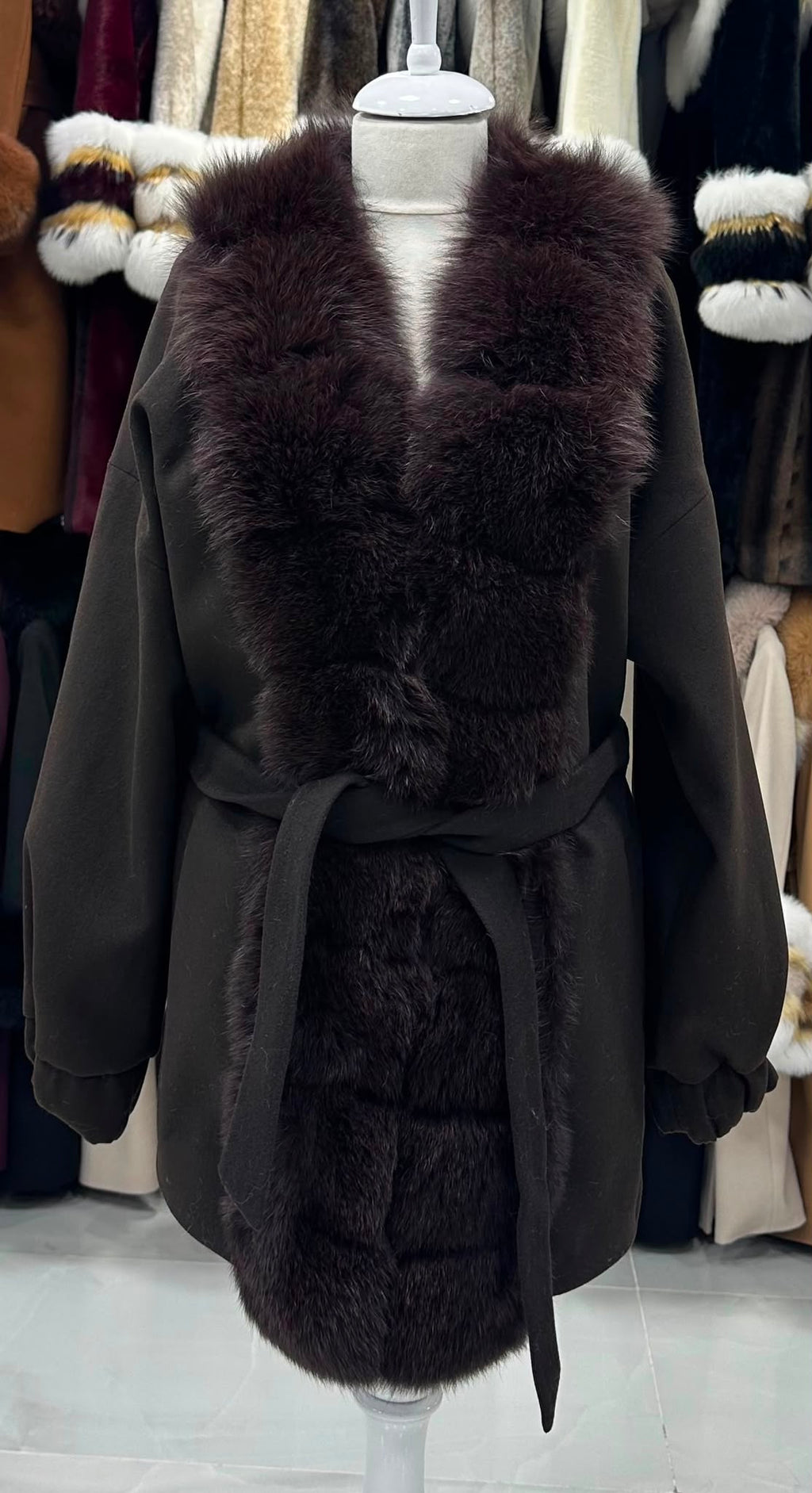Vuneni kimono kaput s krznom – Crna – original