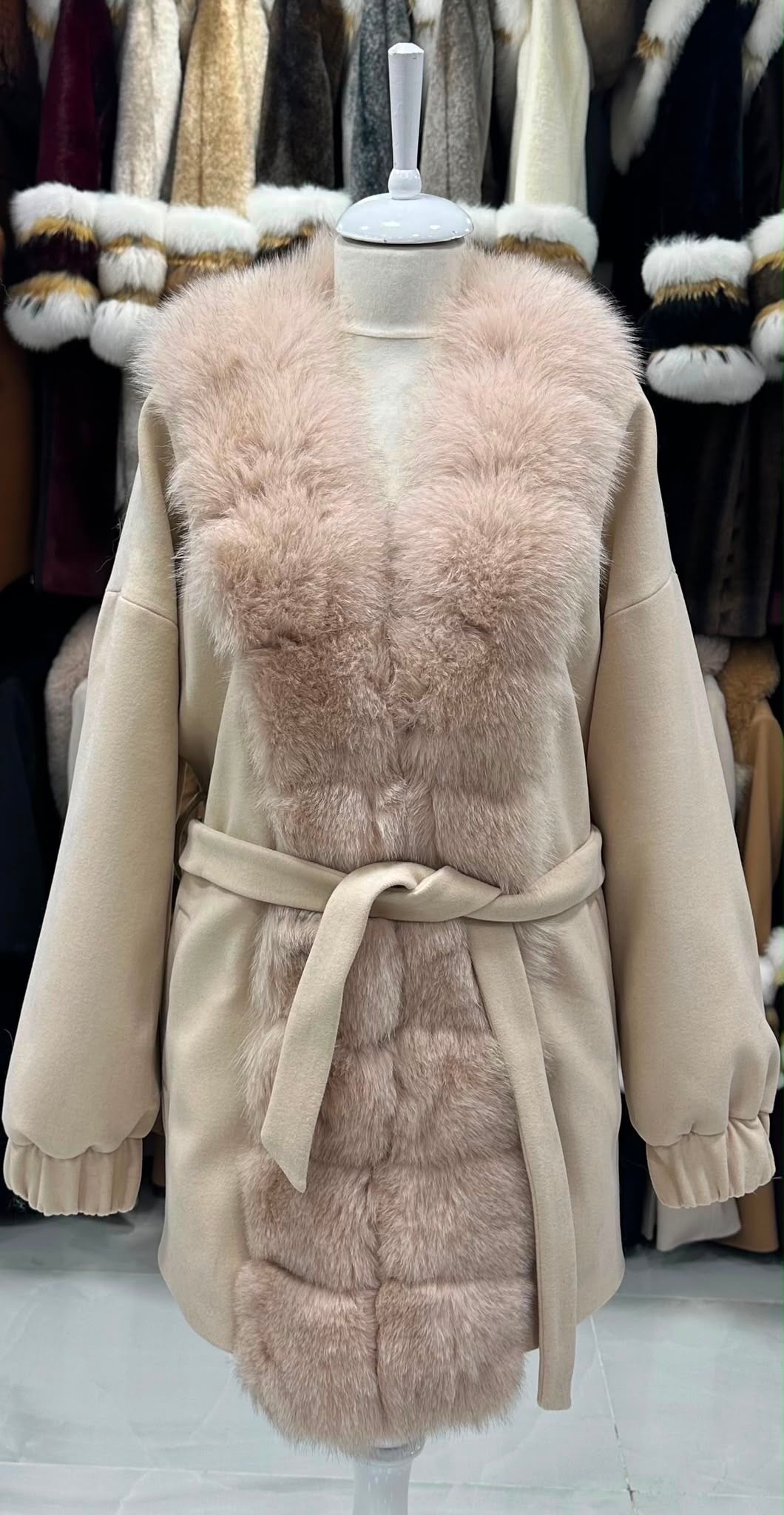 Vuneni kimono kaput s krznom – Roza – original