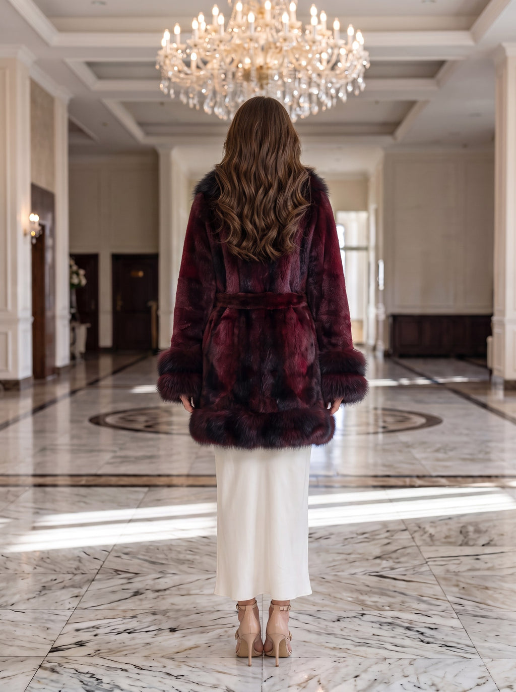 Kimono krzneni kaput s kragnom i manžetama – Bordo – pozadi