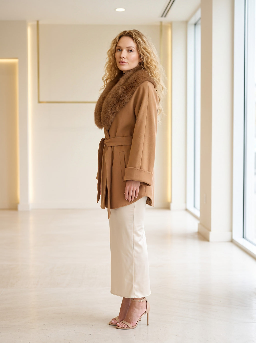 Kratki vuneni kimono kaput – Karamel – sa strane