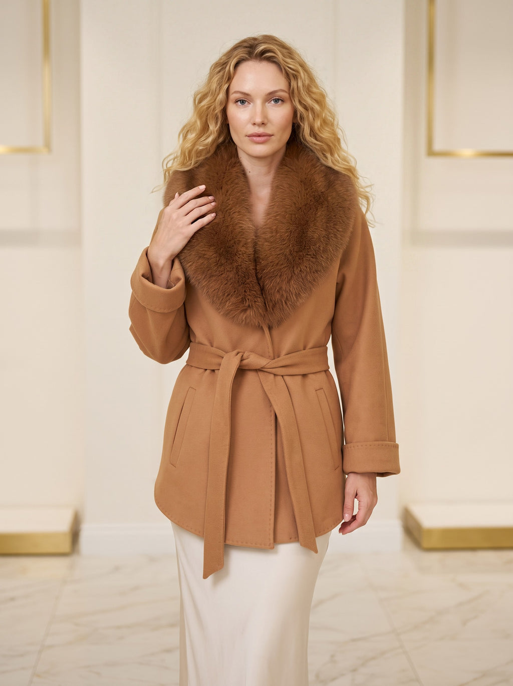 Kratki vuneni kimono kaput – Karamel – detalj