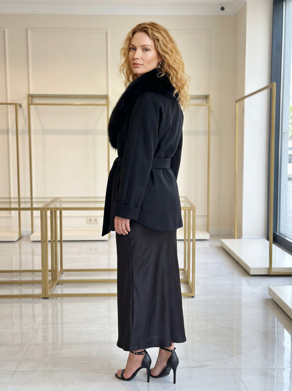 Kratki vuneni kimono kaput – Crna – sa strane