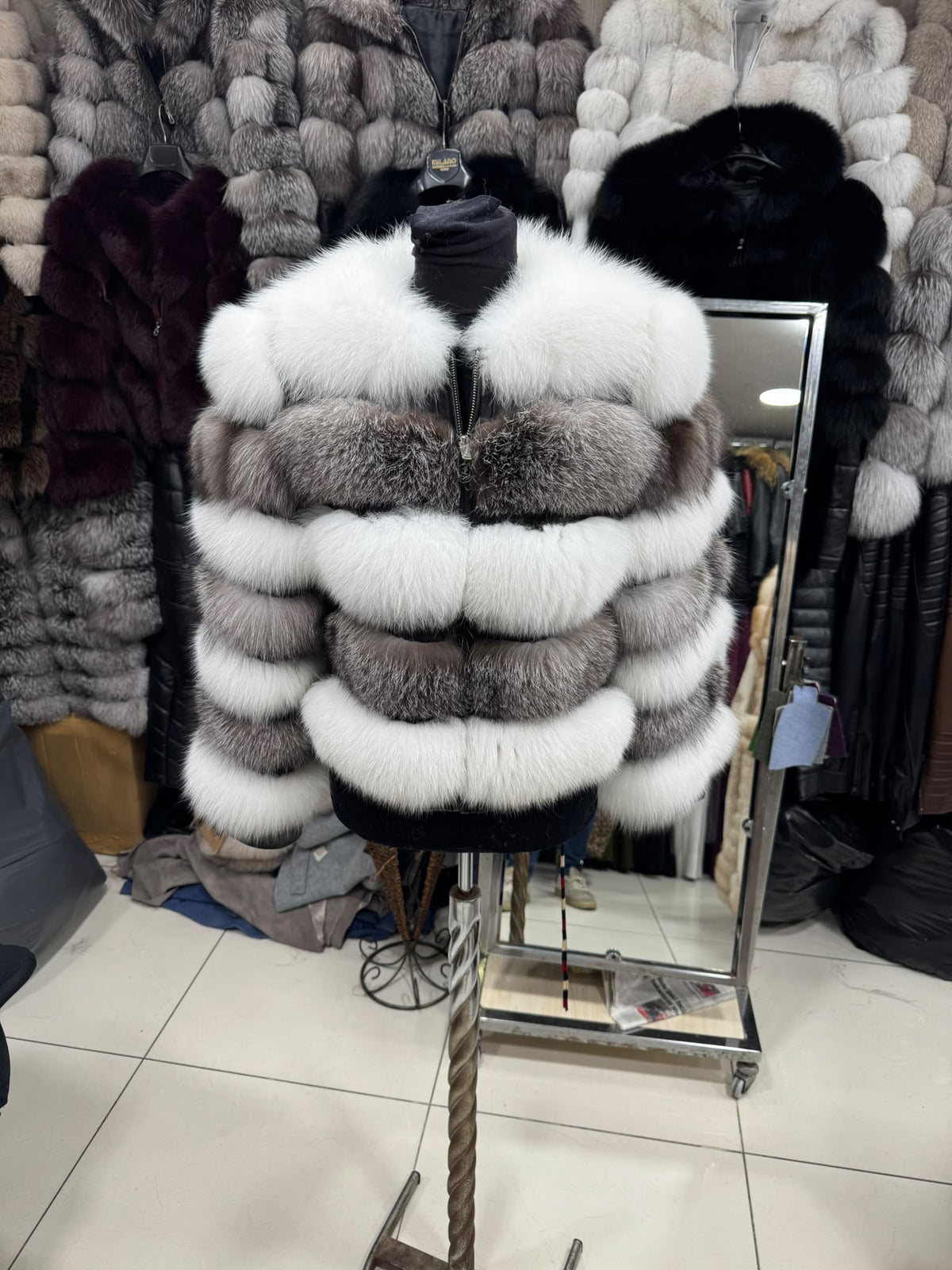 Dvobojna krznena bomber jakna – Bijelo-siva – original