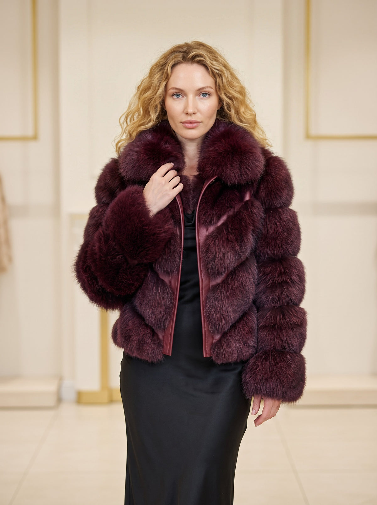 Krznena bomber jakna s V uzorkom – Bordo – detalj