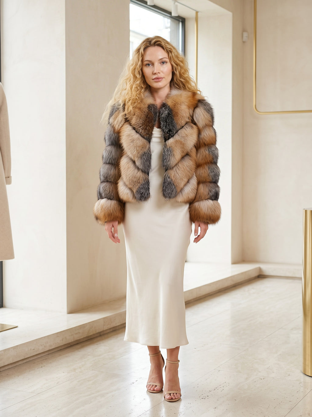 Krznena bomber jakna s V uzorkom – Crvena lisica – sprijeda