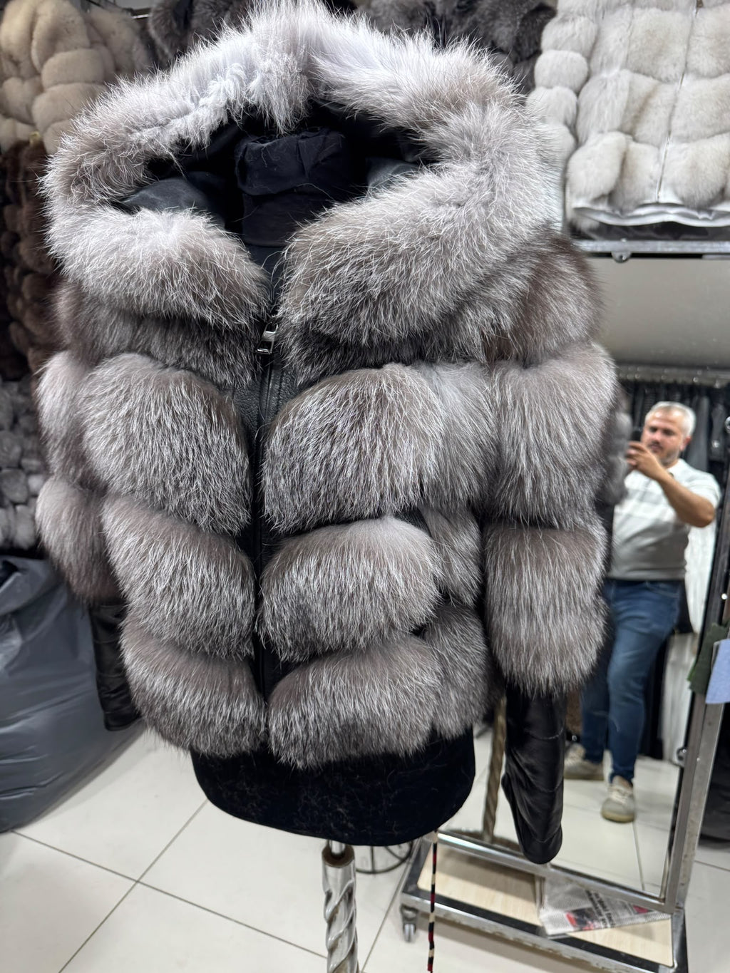 Krznena bomber jakna s kapuljačom – Siva – original