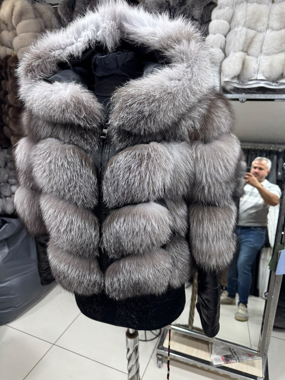 Krznena bomber jakna s kapuljačom – Siva – original